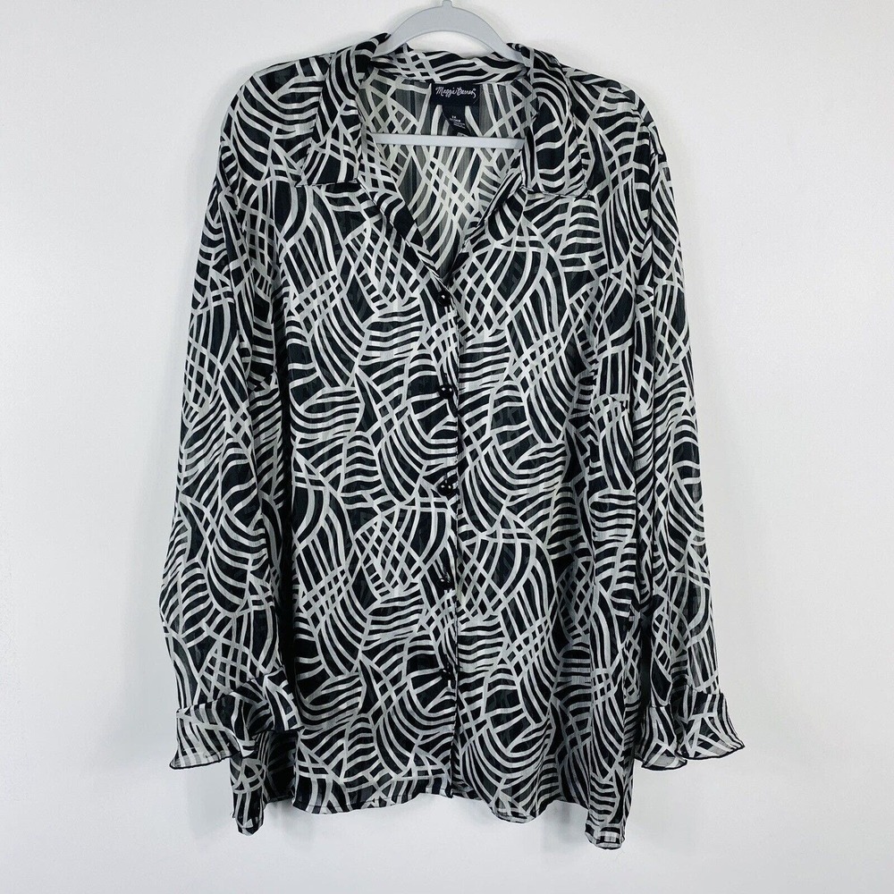 Maggie Barnes Size 2X Printed Sheer Ruffle Sleeve Button Blouse Top Black White